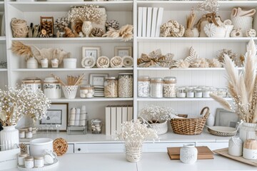 Elegant display of dried flowers in white vases showcasing a delicate and timeless home decor theme