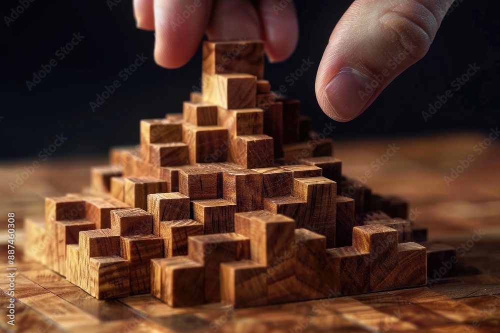Poster A person constructing a wooden pyramid using small blocks