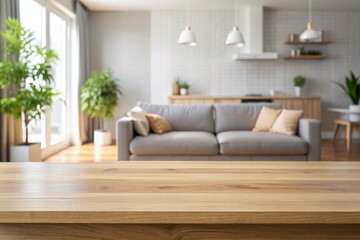 Fototapeta premium Minimalist empty table isolated on a blurred living room background, ideal for product display, showcasing textures and colors with a clean and modern aesthetic.