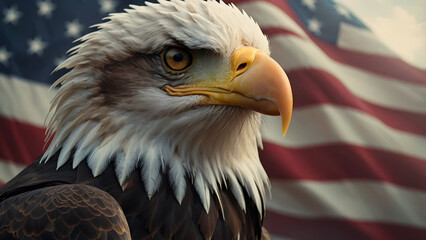 Obraz premium An elegant eagle with a background of USA flag