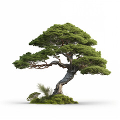 Beautiful Bonsai Tree With Artistic Curved Trunk And Lush Green Foliage On White Background