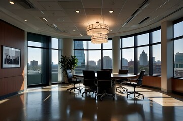 A conference room with a desk and a wall of windows