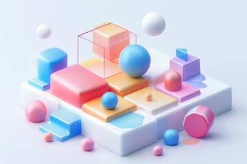 Obraz premium Abstract Futuristic 3D Render Minimalistic Style with Floating Geometric Shapes Isometric Design, Light Color Theme, Bright Background, and Soft Lighting