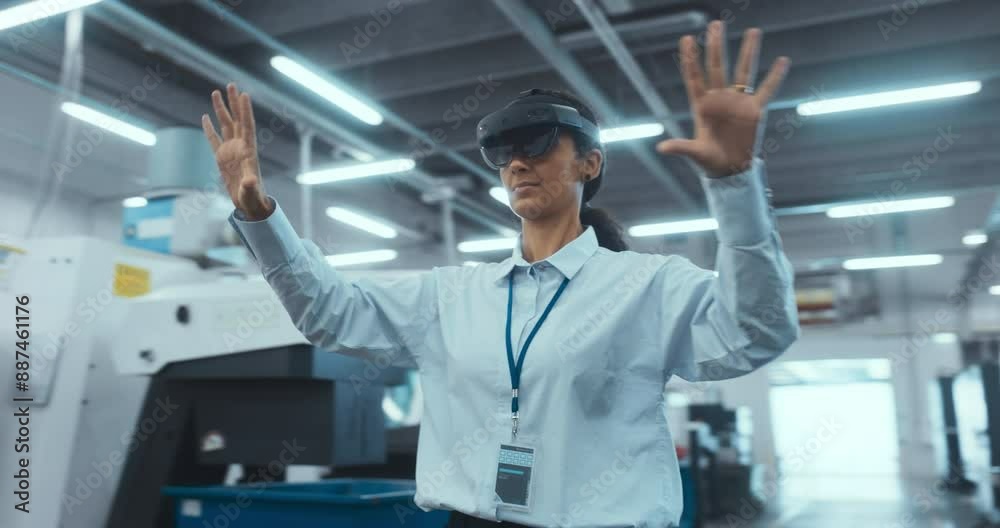 Aufkleber portrait of a female engineer using a mixed reality headset and gesturing with her hands in the air.