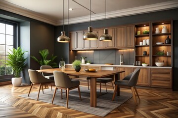 Fototapeta premium large kitchen room with modern interior design with wood table and chairs for home against the background a dark classic wall