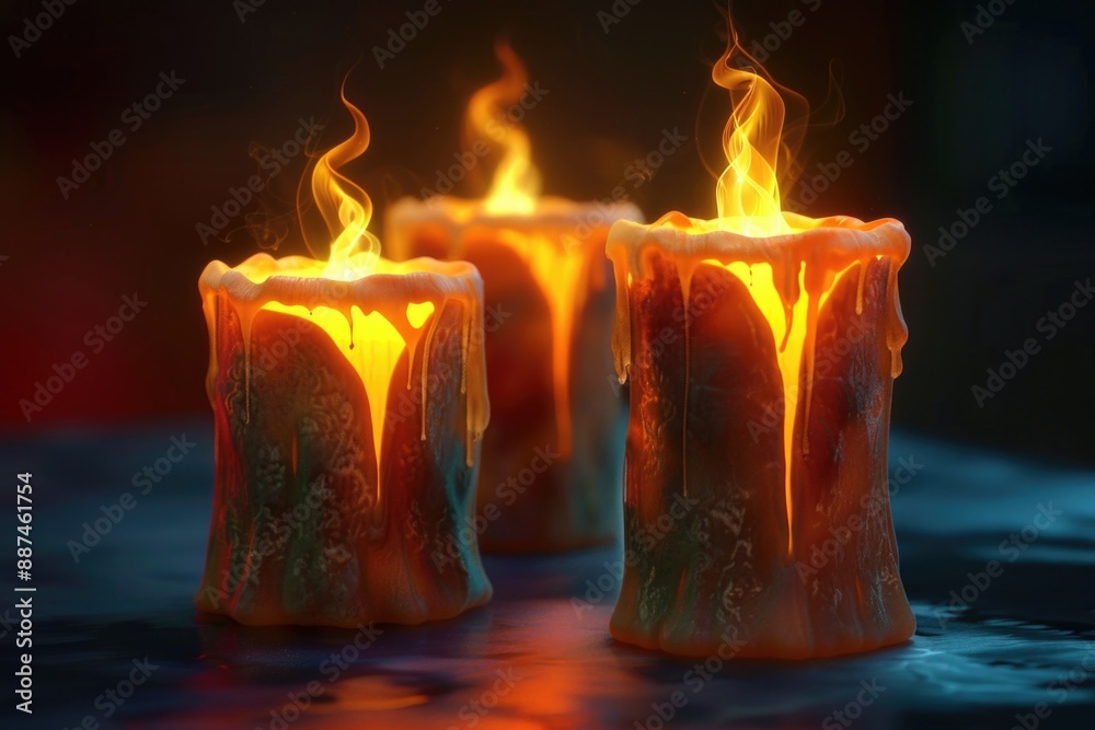 Poster Three burning candles placed on a surface, suitable for use in various settings and themes