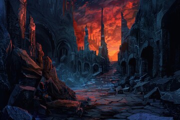 Obraz premium Mysterious ruins of an ancient forgotten city bathed in the light of a setting sun