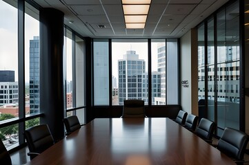 A conference room with a desk and a wall of windows