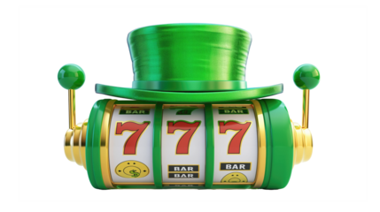 green 3d casino slots reel with green hat ontop, transparent background