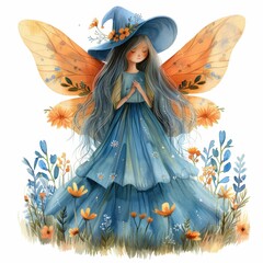 Enchanting fairy with orange wings and blue dress standing amidst flowers, portraying magical fantasy scene.