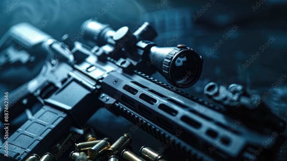 Aufkleber a close-up view of a rifle with a scope attached, suitable for use in various contexts such as hunti