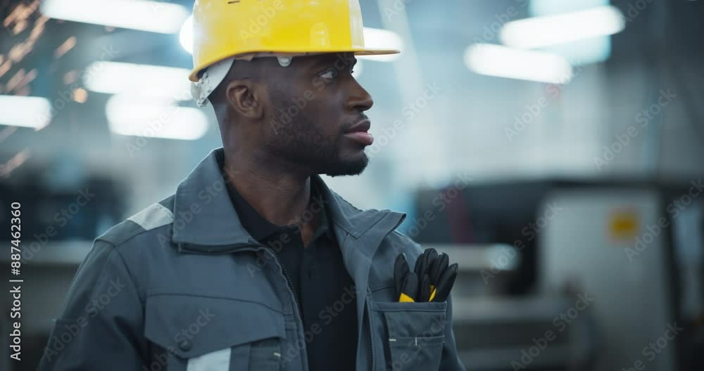 Leinwandbilder portrait of an african american male engineer in a yellow hard hat and work uniform using a tablet c