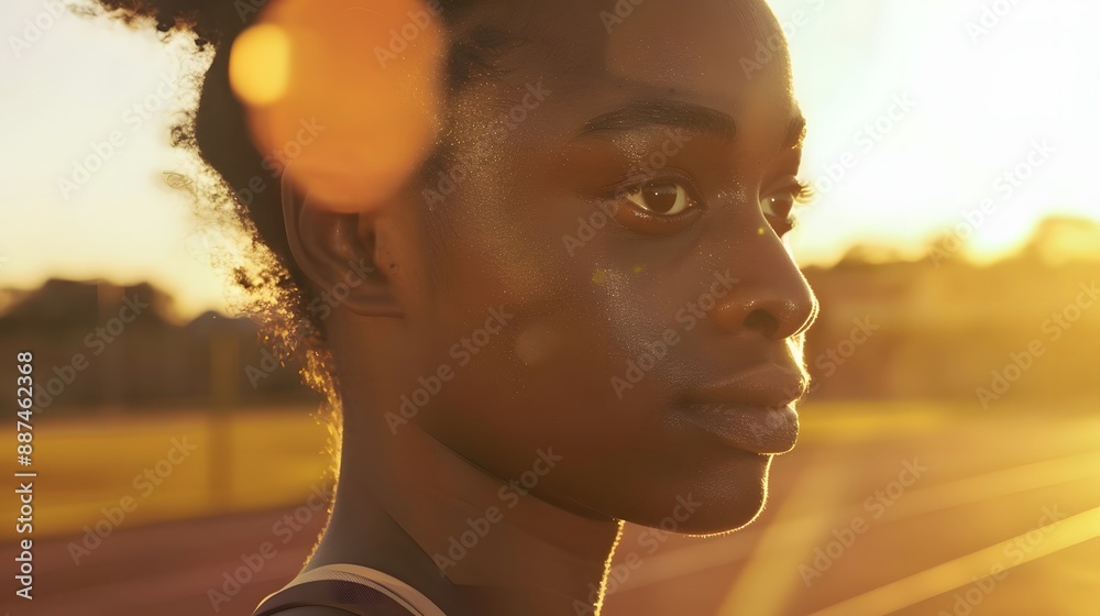 Wall mural African female athlete listening music after workout. 