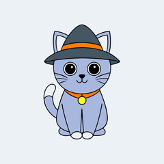 Vector illustration of a cute Halloween cat in a hat for International Cat Day with a minimalist and unclean aesthetic on a white background