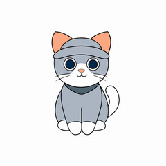 Vector illustration of a cute Halloween cat in a hat for International Cat Day with a minimalist and unclean aesthetic on a white background