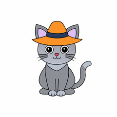 Vector illustration of a cute Halloween cat in a hat for International Cat Day with a minimalist and unclean aesthetic on a white background