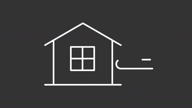 Wind insulation white line animation. Tornado proof wall animated icon. Windproof house, moving waves. Isolated illustration on dark background. Transition alpha video. Motion graphic