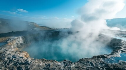 A large, steaming geyser erupts in a volcanic landscape, creating a dramatic and ethereal atmosphere. The sky is a clear blue, with wispy clouds floating overhead