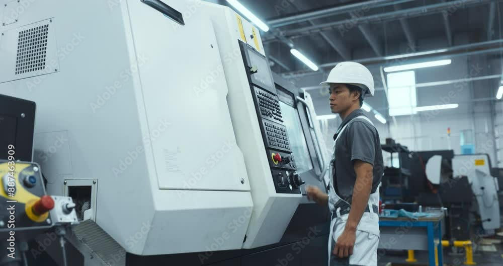 Leinwandbilder Machinery Technician Closing the Lid and Programming a CNC Machine at an Advanced Metal Production Facility. Young Asian Man in Work Gear Setting Up the Manufacturing Process in a Factory