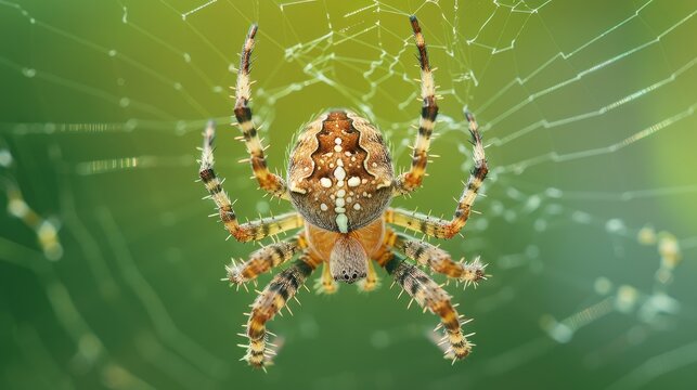 Orb Weaver Spider on web with green background viewed from above