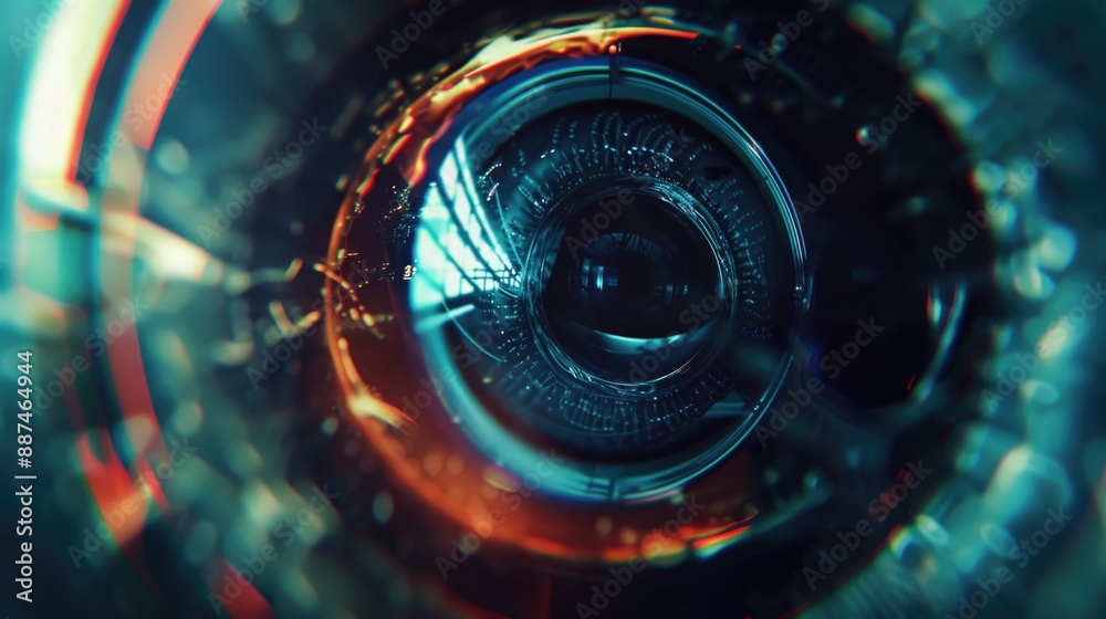 Poster a detailed shot of a camera lens, highlighting its intricate design and texture