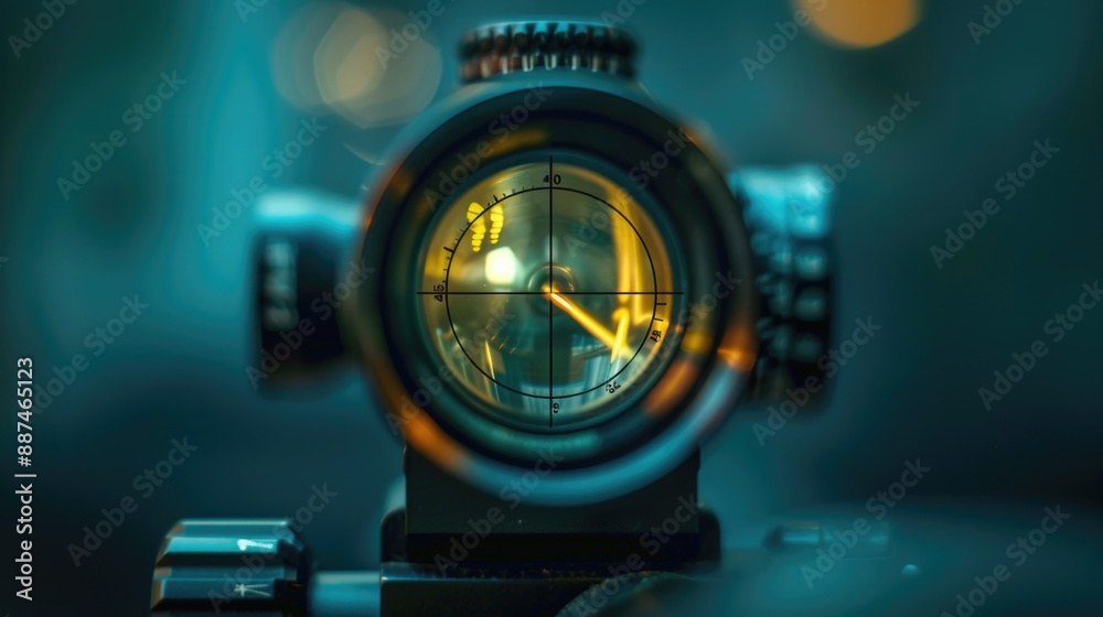 Poster close-up view of a rifle scope on a table, ideal for use in military or outdoor themed contexts