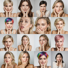 Different hair type, woman webcam faces on white and grey backgrounds.. Hands are holding the female face.	