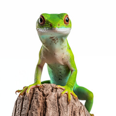 Close-Up Of A Colorful Green Gecko Clinging To A Tree Trunk, Isolated On White Background, Highlighting Its Vibrant Colors