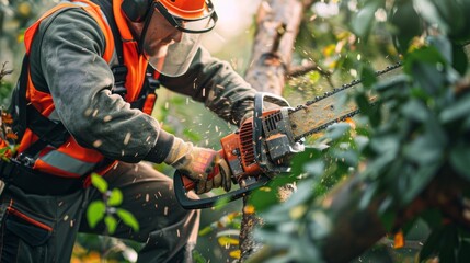 An arborist wearing safety gear operates a chainsaw, cutting through a tree branch in a lush forest setting