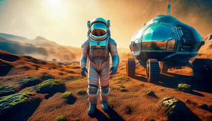 Obraz premium One path, one choice, man conquers space, through distances and galaxies, man in a spacesuit, science fiction background