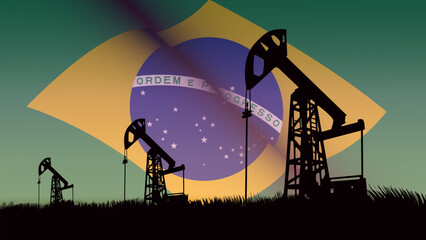 oil production in Brazil, oil pump on the background of the Brazil flag