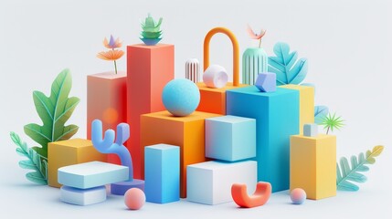 Fototapeta premium Abstract Futuristic 3D Render Minimalistic Style with Floating Geometric Shapes Isometric Design, Light Color Theme, Bright Background, and Soft Lighting
