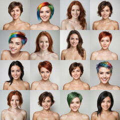 Different hair type, smiling, naked shoulder and neck, woman webcam faces on white and grey backgrounds..