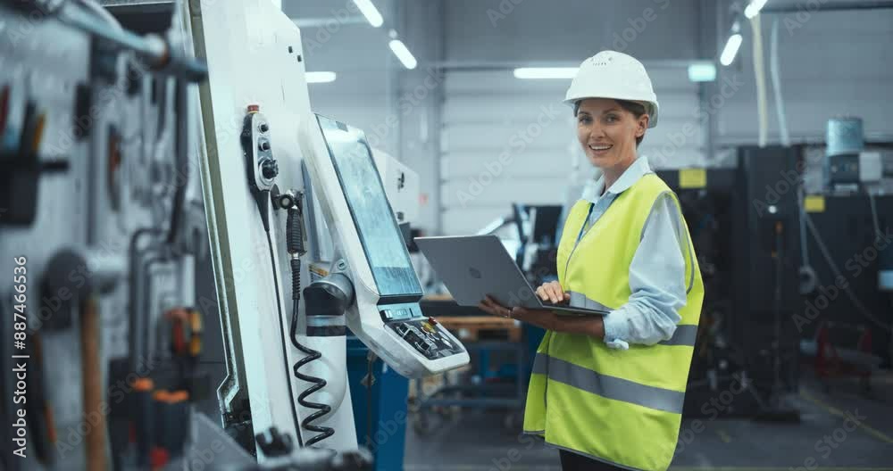 Poster portrait of a beautiful industrial factory worker looking at camera and smiling. young female wearin