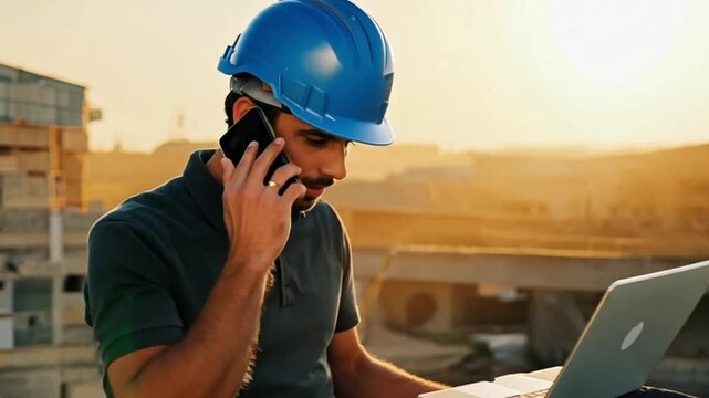 Professional Hand som Caucasian male architect in a hardhat and casual wear talking on mobile phone and typing on a laptop while working at the construction site