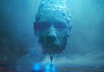 A humanoid face made of data particles floating in the air, with an office worker standing on one side and looking at it. The background is a light blue, creating a futuristic technological feel. In t