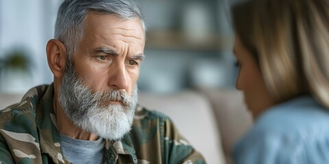 Obraz premium Middleaged soldier with gray beard seeks PTSD therapy from female psychologist. Concept PTSD Therapy, Female Psychologist, Middle-aged Soldier, Gray Beard, Mental Health