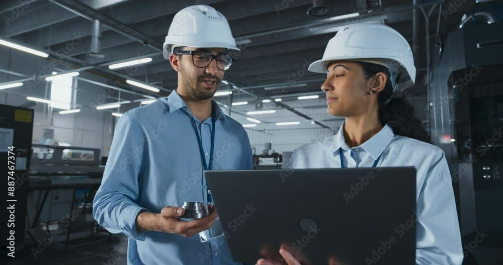 Aufkleber two multiethnic employees having a conversation in an industrial factory hall. female engineer using