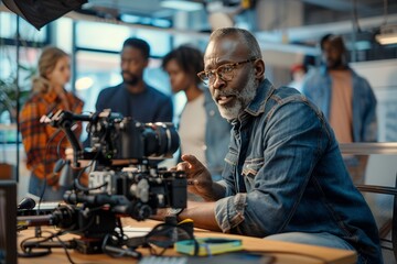 A black man wearing glasses and jeans is sitting at a table in an office, he is explaining something to his team members while holding camera equipment in his hands. He has short hair with a gray bear