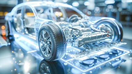 Factory producing electric cars with robots.