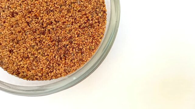 Fenugreek seeds in a glass bowl isolated rotating top left corner, a glass bowl full of Fenugreek seeds on white background, close up, herbs and spices.