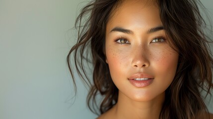 Naklejka premium Close-up portrait of a young woman with natural makeup and flowing hair, showcasing radiant skin in soft light.