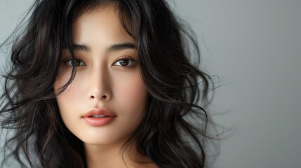 Naklejka premium Portrait of a young woman with wavy dark hair and natural makeup, gazing confidently into the camera against a neutral background.