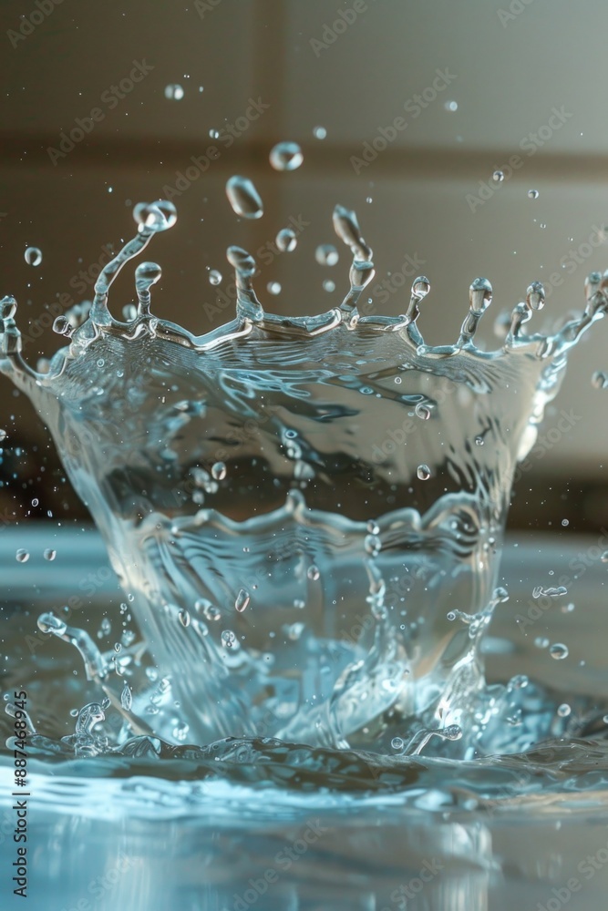 Poster a close-up image of a splash of water on a table, suitable for use in still life or product photogra