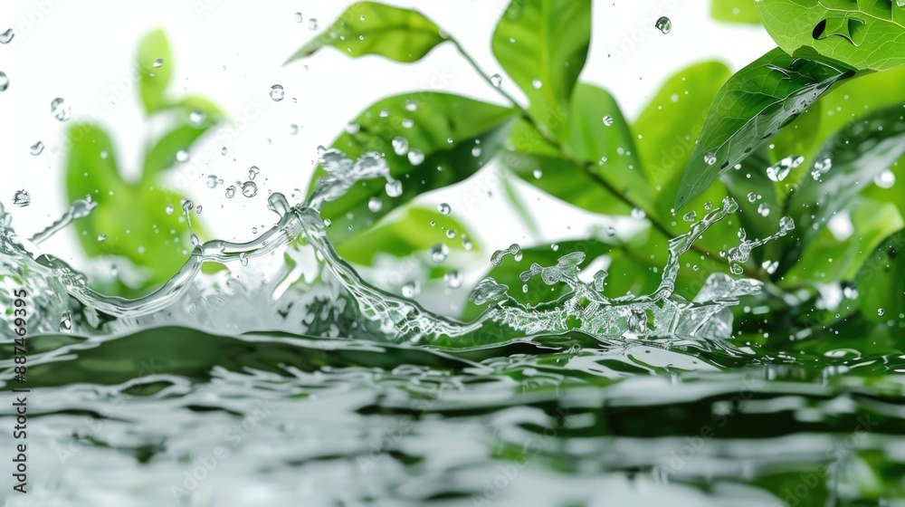 Poster a close-up view of water droplets falling onto a green plant, creating tiny ripples and splashes