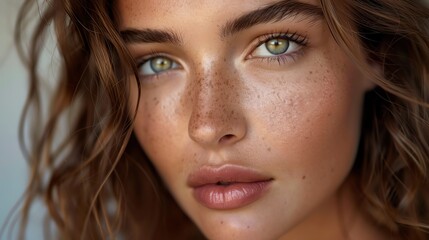 Fototapeta premium Close-up portrait of a woman with wavy hair and freckles, showcasing natural beauty and radiant, flawless skin.