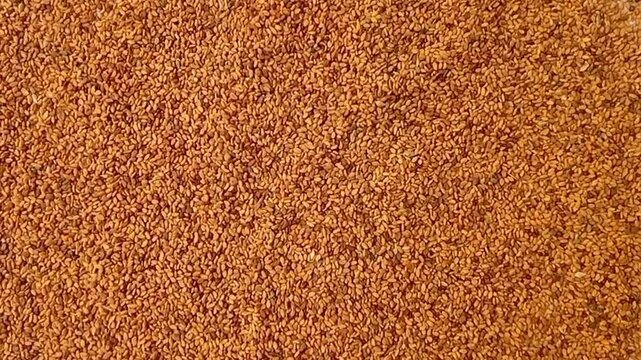 Fenugreek seeds rotating full frame background, top view looped spinning, close up, herbs and spices.