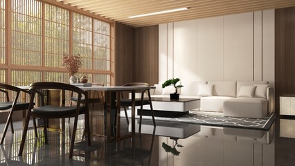 Brown wood panelling wall living room and dining room with white sofa on rug, table, chair in sunlight from shoji window for luxury, oriental interior design decoration, product background 3D