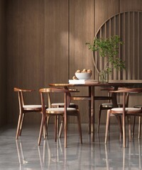 Oriental, luxury wood panelling wall dining room with brown wooden dining table and chair in sunlight from window for interior design decoration, product background 3D