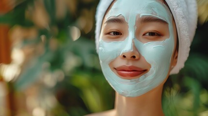 Fototapeta premium Smiling woman with facial mask and towel on head, enjoying skincare routine in a serene environment.